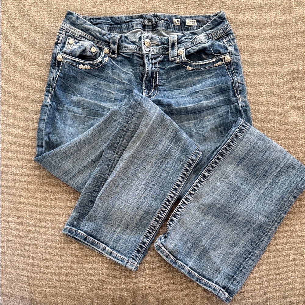 Miss Me Mid Rise Easy Boot Jeans in Faded Blue Denim